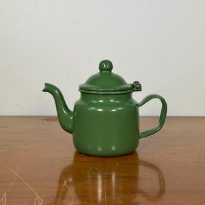 Green Enameled Steel 10 oz Tea Kettle with Handle - Midcentury Enamelware Turkish Coffee Pot Celadon Jade Sage Forest Avocado Small