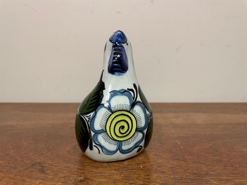Blue Painted Floral Glazed Tonala Animal Bird Folk Art Pottery Figure Honduras 6 Honduran Handpainted Ceramic Chicken Figurine