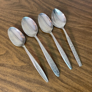 Four+ Floral Mismatched Stainless Steel Tablespoons - Midcentury Mod Botanical Flower Motif Flatware Silverware Table Spoon Set 4 or Eight 8