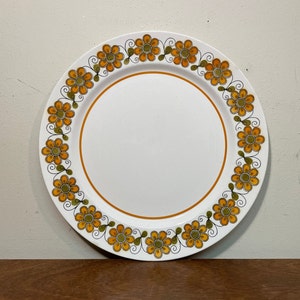 Mikasa Mediterrania Anita 4092 12&quot; Round Platter - Orange Green Daisy Flower Band White Ceramic Dish Chop Plate Tray Rim Made in Japan