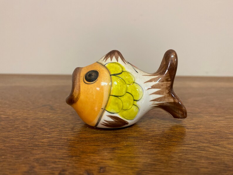 Yellow Brown Painted Floral Glazed Tonala Animal Mexican Folk Art Pottery 3.5 Mexican Handpainted Ceramic Fish Figurine with Open Mouth