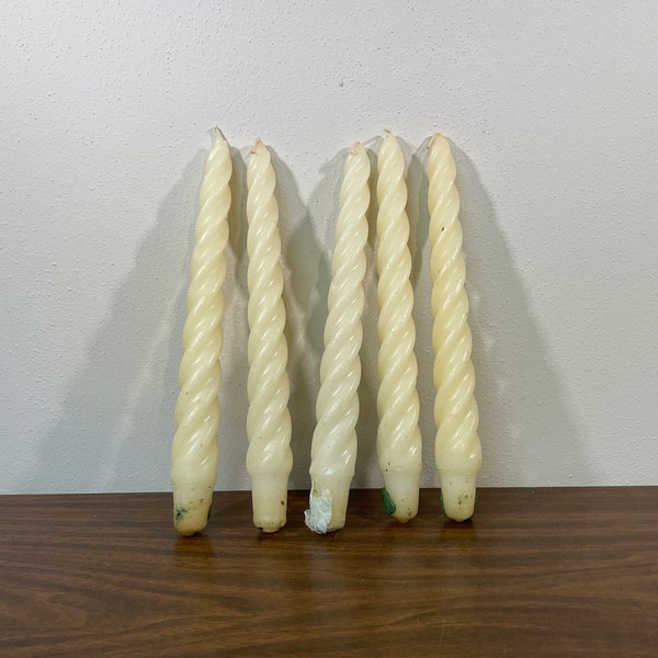 Five 9.25" White Spiral Candles - Vintage Unlit Unused Slender Twist Swirl Twist Wax Neutral Taper Candlesticks Set of 5