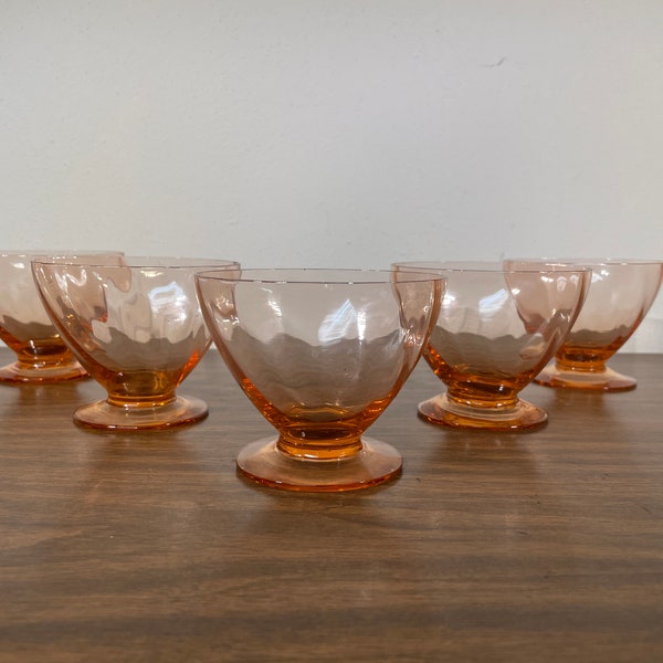 Five Pink Glass Swirl Optic 6 oz Footed Sherbet / Sundae Bowls - Depression Era Pedestal Glasses Stemware Set of 5