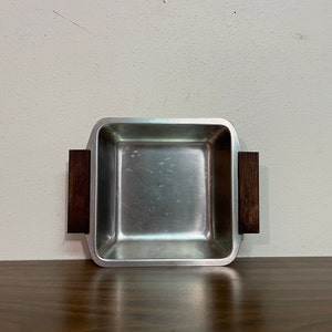 Kleeblott Rostfrei 6.5&quot; Square Stainless Steel Dish with Wood Handles - Midcentury Danish Modern Serving Tray Platter Plate Bowl Silver