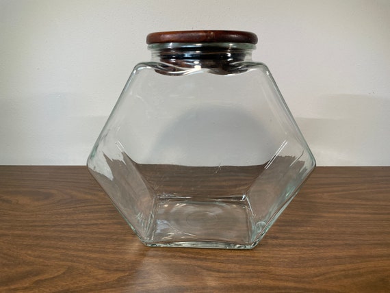 Hexagonal Clear Glass 1.25 Gallon Jar With Wood Lid Modern Geometric  Display Storage Canister Container Decorative Décor Vessel Hexagon 