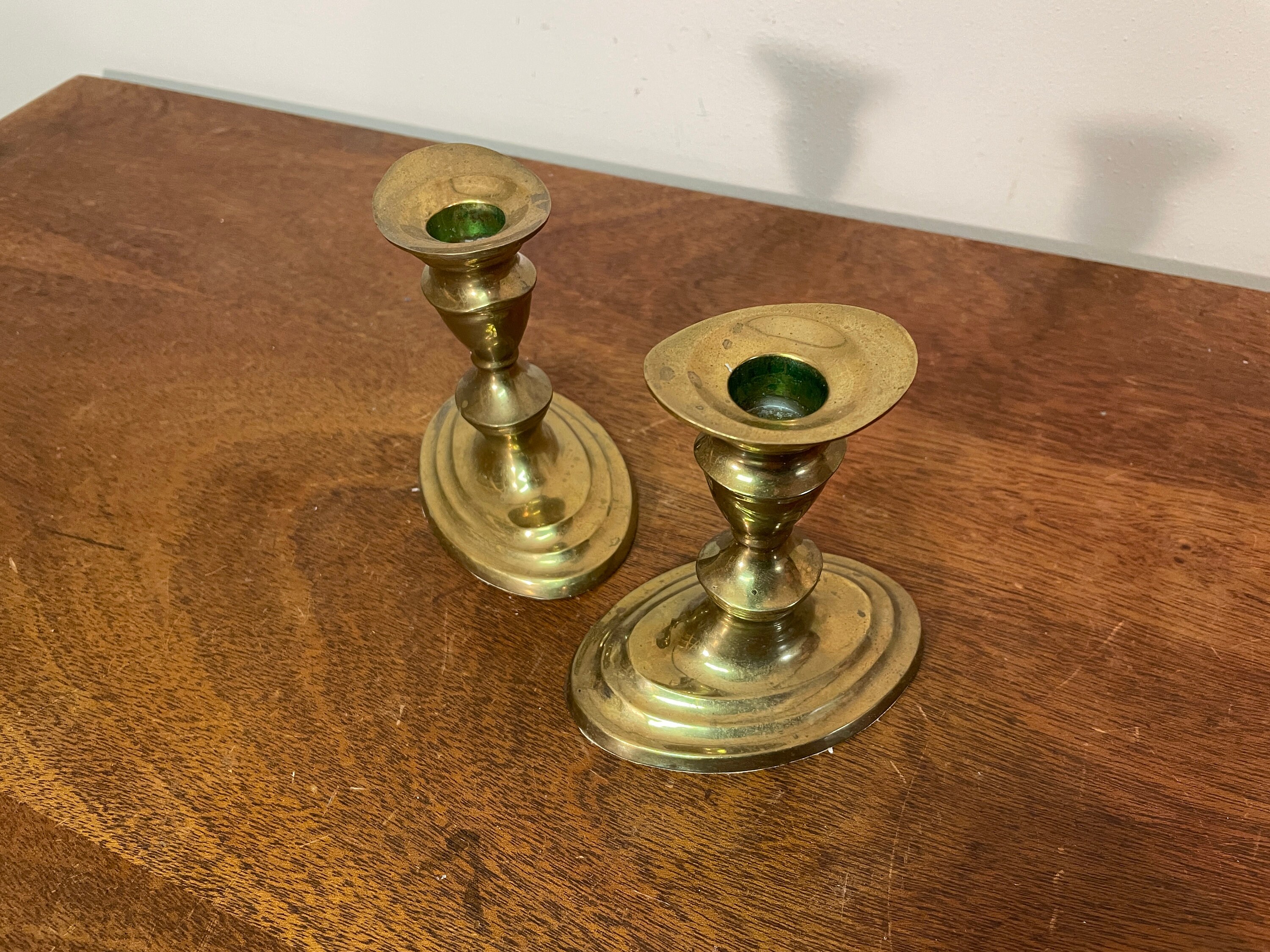 Two 4.5 Brass Candlesticks With Oval Bases & Beautiful Etsy