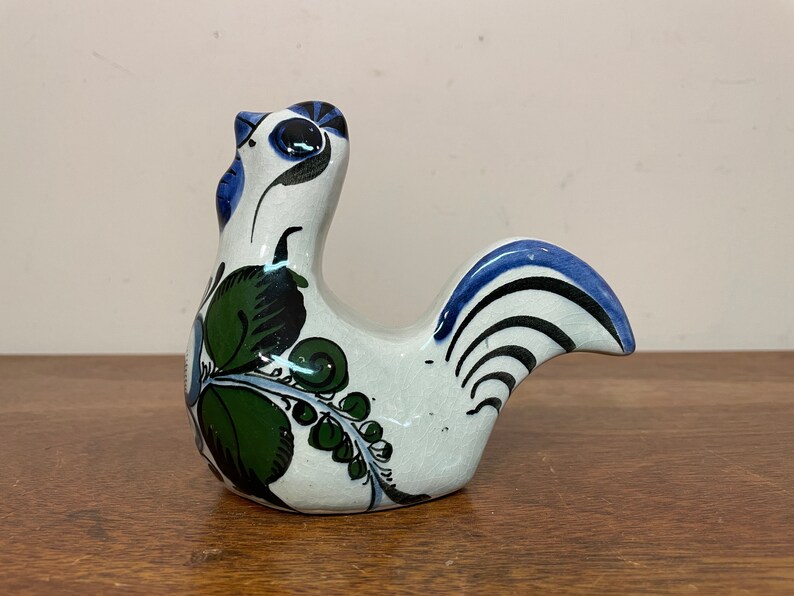 Blue Painted Floral Glazed Tonala Animal Bird Folk Art Pottery Figure Honduras 6 Honduran Handpainted Ceramic Chicken Figurine
