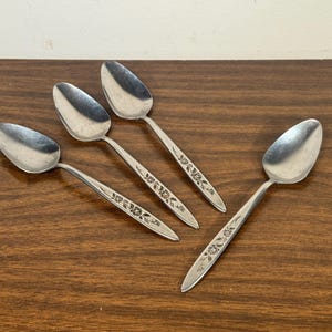 Four Lifetime Floral Stainless Steel Tablespoons - Midcentury Black Accent Botanical Flower Rose Flatware Silverware Table Spoon LCU8 Set 4