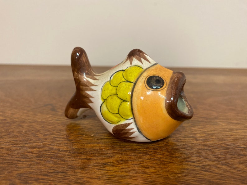 Yellow Brown Painted Floral Glazed Tonala Animal Mexican Folk Art Pottery 3.5 Mexican Handpainted Ceramic Fish Figurine with Open Mouth
