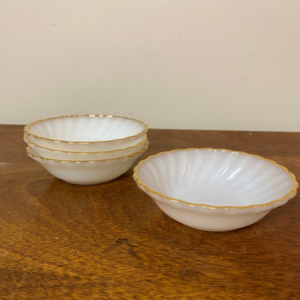 Four OR Six Anchor Hocking Shell Milk White 4.75" Berry Bowls with Gold Rim - Suburbia Swirl Scalloped Opaque Milk Glass Custard Dish 4 6