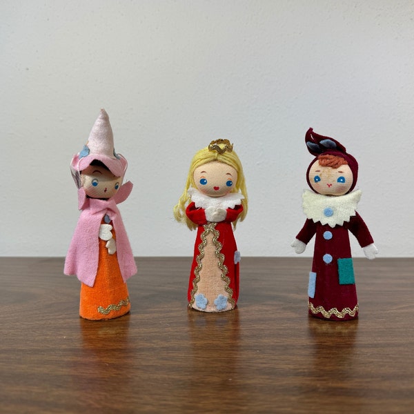 Three 4" Fairytale Figurines - Midcentury Kitsch Putz Cardboard Pixie Fairy Pink Red Burgundy Fabric Folklore Folk Art Holiday Figure Set 3