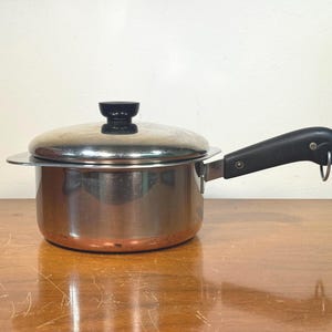 Revere Ware 2 QT Copper Bottom Stainless Steel Double Boiler Pan - 1400 Line Large Pot Cookware Black Bakelite Handle Lid Knob Clinton Ill.