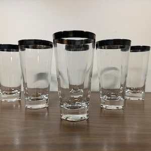 Six Silver Band 10 oz Tumblers - Midcentury Modern Dorothy Thorpe Style Tall Tapered Clear Glass Iced Tea Wide Metallic Platinum Rim Set 6