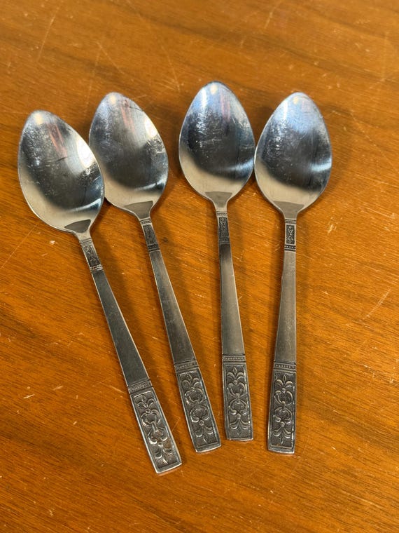 Four Customcraft Filigree Stainless Steel Teaspoons - Midcentury