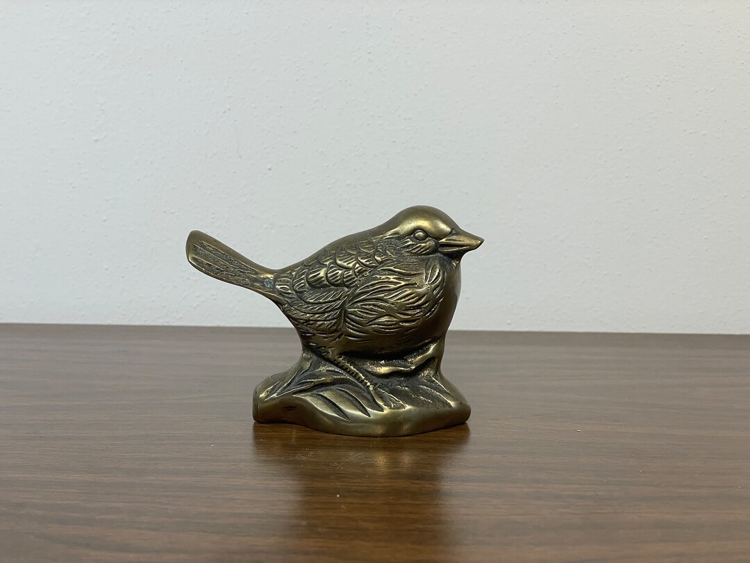 4 Brass Bird Figurine With Beautiful Patina Gold Metal Animal Sparrow