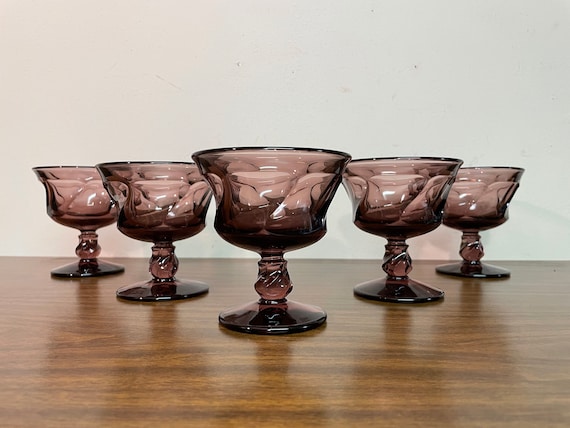 Five Fostoria Jamestown Purple 6 oz Champagne Coupes - Retro Heavy Footed Amethyst Pressed Glass Wine Stemware Sherbet Bowl Dish Set of 5