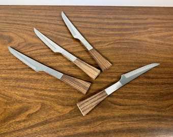 Four Inlaid Stainless Steel & Wood 9" Steak Knives - Midcentury Danish Modern Serrated Knife Cutlery Utensils Flatware Silverware Set of 4