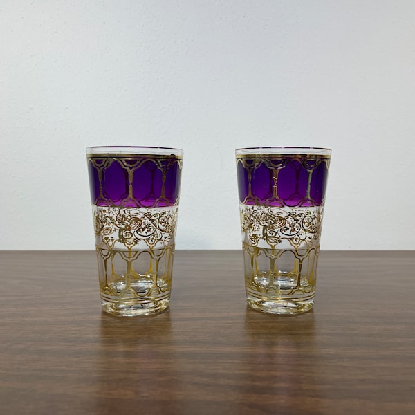 Two Purple & Gold Filigree 4 oz Juice Glasses - Midcentury Swanky Swig Plum Violet Band Stripe Golden Floral Scroll Small Cup Pair Set of 2