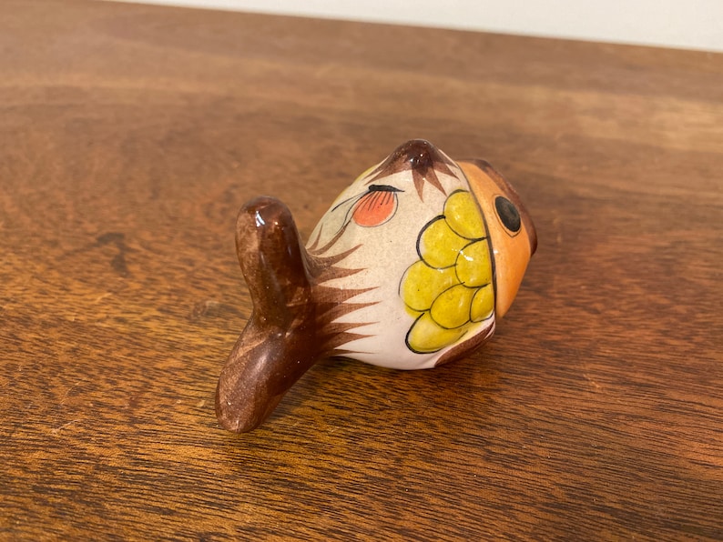Yellow Brown Painted Floral Glazed Tonala Animal Mexican Folk Art Pottery 3.5 Mexican Handpainted Ceramic Fish Figurine with Open Mouth