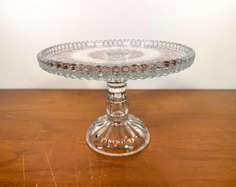 Antique Adams & Co. 9" Clear Glass Cake Stand with Raised Scalloped Edge - EAPG 1887 Cottage Dinner Bell Fine Cut Band Pedestal Plate Dish