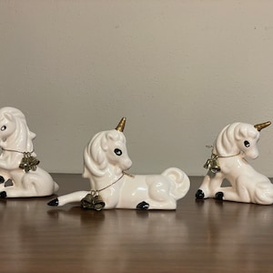 Three Sophia Ann Unicorn Figurines with Bells - Trio Set 3 White Porcelain Mythical Magical Fantasy Creature Laying Sitting Black Kitsch