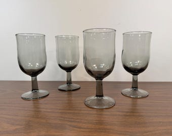 Four Duz Crystal Swedish Modern Smoke 10 oz Goblets - Midcentury MCM Smoky Gray Charcoal Colored Glass Flared Wine Stemware Glassware Set 4