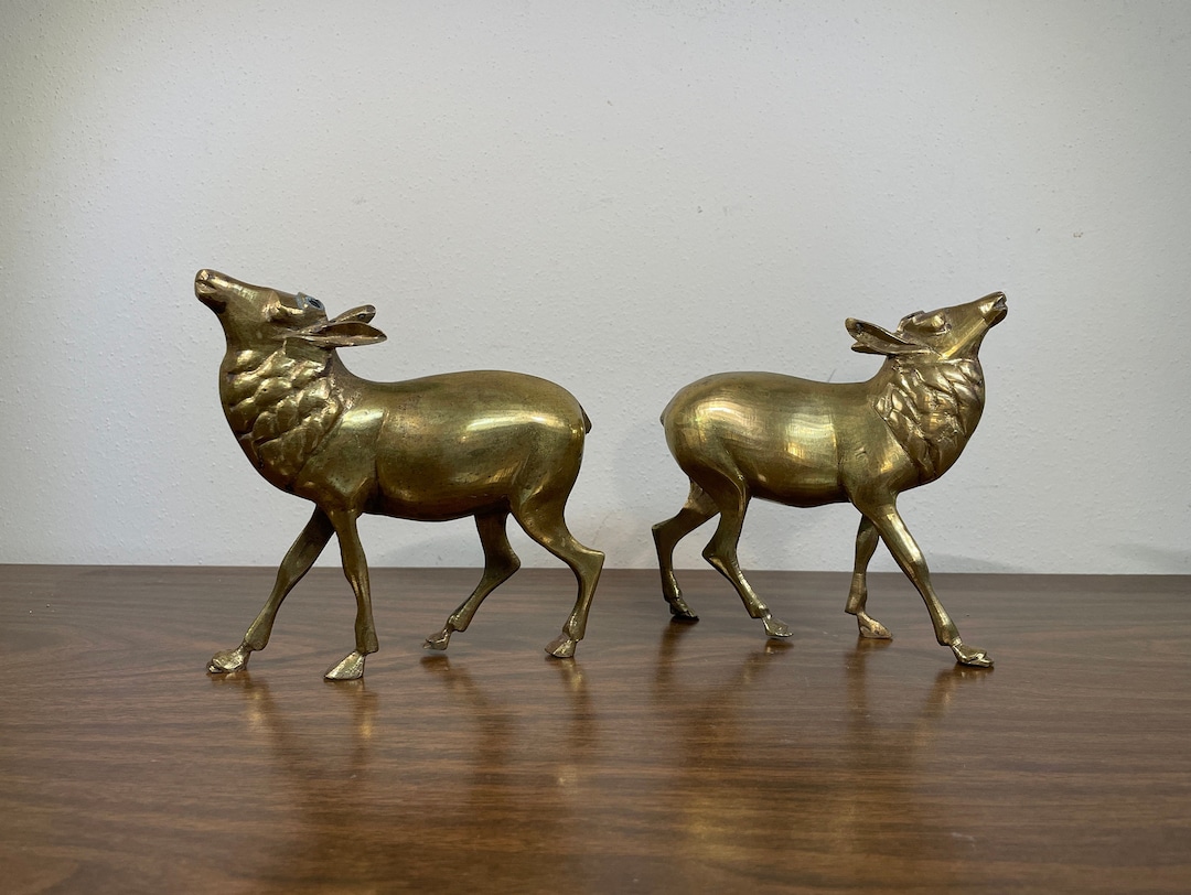 Two 6 Brass Reindeer Figurines With Beautiful Patina Midcentury Gold