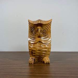 Owl 6.25&quot; Carved Wood Figurine - Midcentury Kitsch Made in Philippines Handmade Dark Wooden Ironwood Bird Animal Big Eye