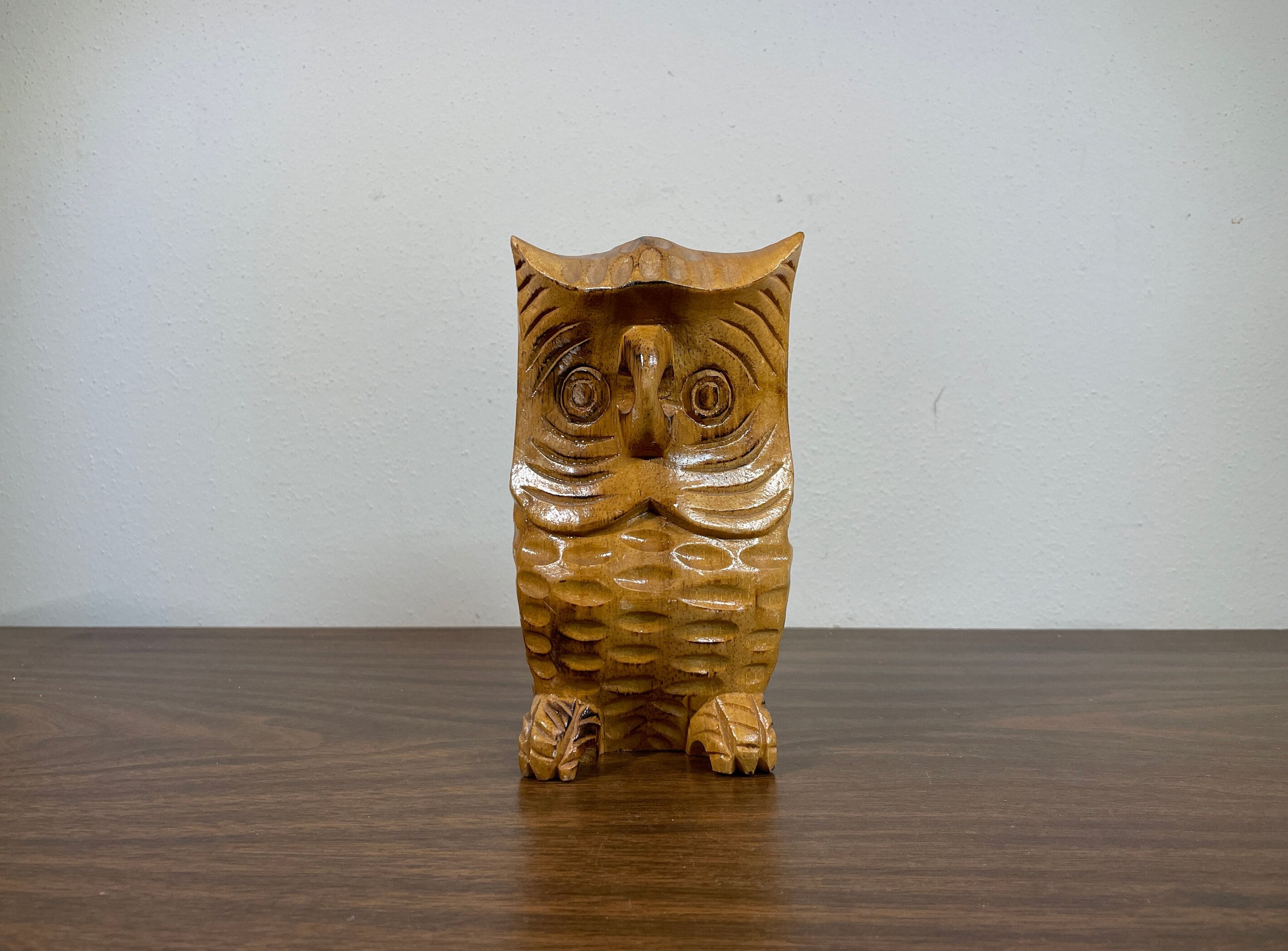 Owl 6.25" Carved Wood Figurine - Midcentury Kitsch Made in Philippines Handmade Dark Wooden Iro
