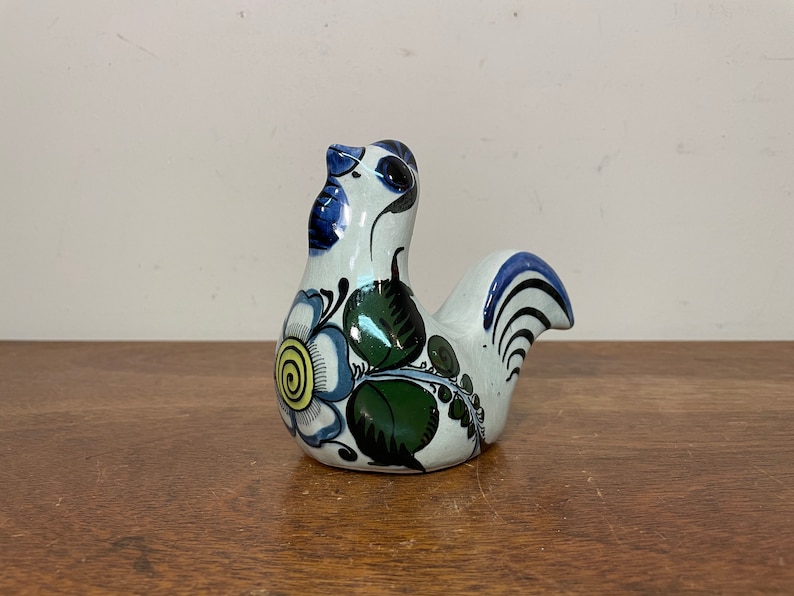 Blue Painted Floral Glazed Tonala Animal Bird Folk Art Pottery Figure Honduras 6 Honduran Handpainted Ceramic Chicken Figurine