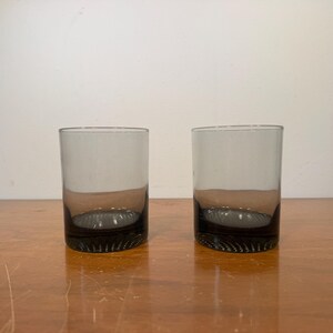 Two Smoke 12 oz Double Old Fashioned Glasses - Midcentury Modern MCM Gray Glass Dimpled Waffled Textured Bottom Rocks Cocktail Pair Set of 2