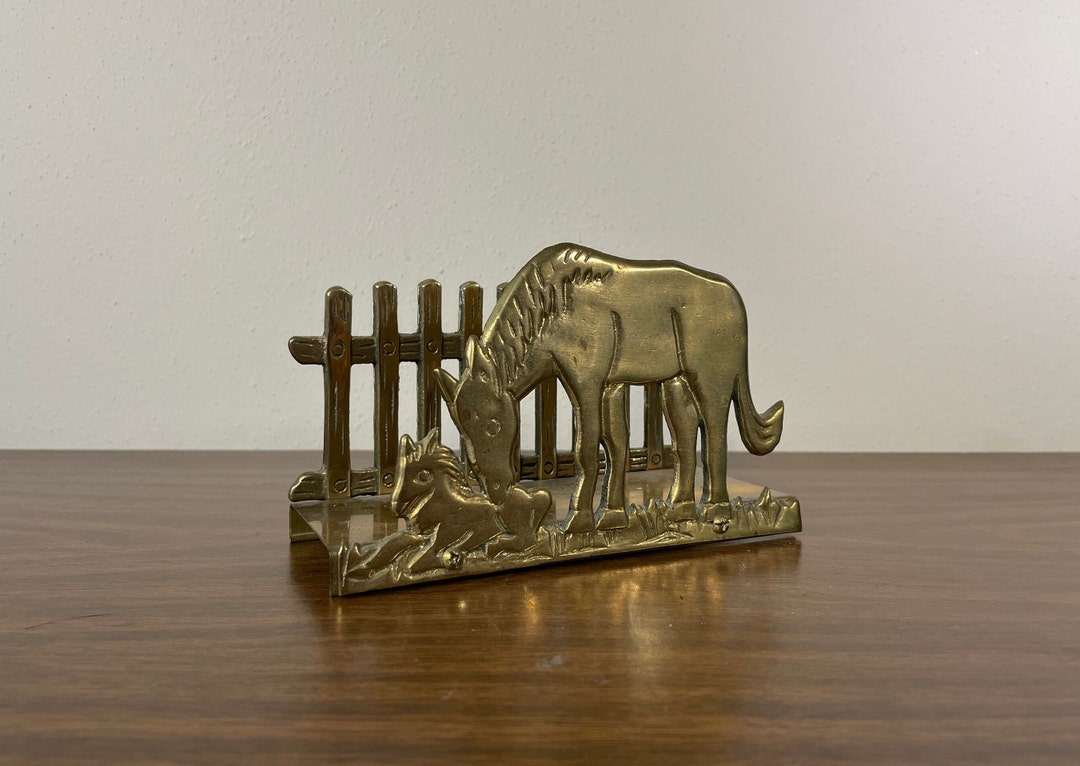 Brass Horse and Foal Mail Holder Midcentury Gold Metal Animal Mother