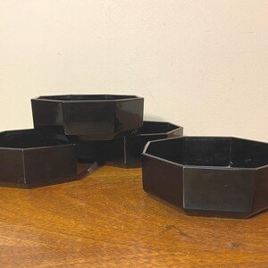 Four Arcoroc Octime Black 18 oz Cereal / Soup Bowls - Post Modern Geometric Octagonal Octime Onyx Tempered Glass Soup Dishes Set of 4