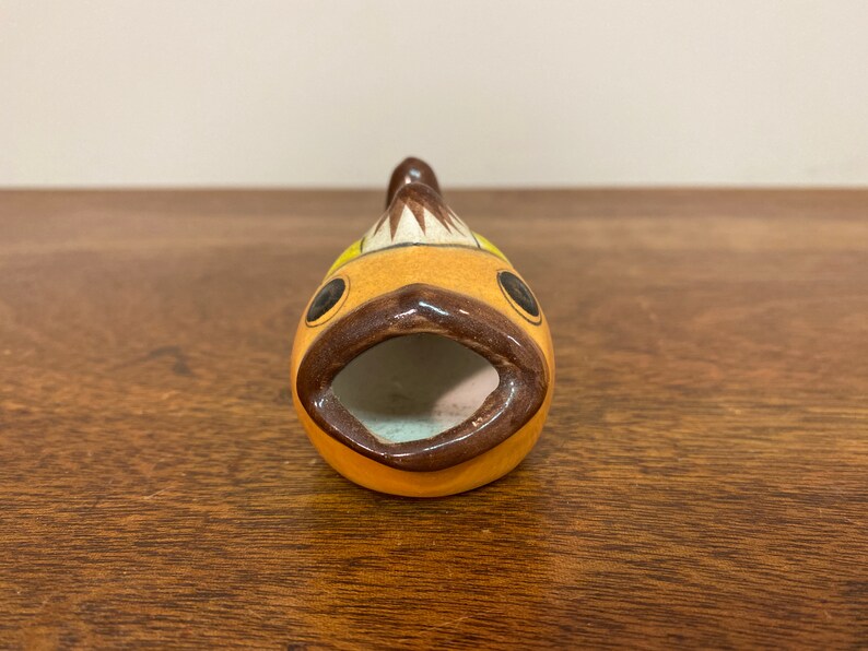 Yellow Brown Painted Floral Glazed Tonala Animal Mexican Folk Art Pottery 3.5 Mexican Handpainted Ceramic Fish Figurine with Open Mouth