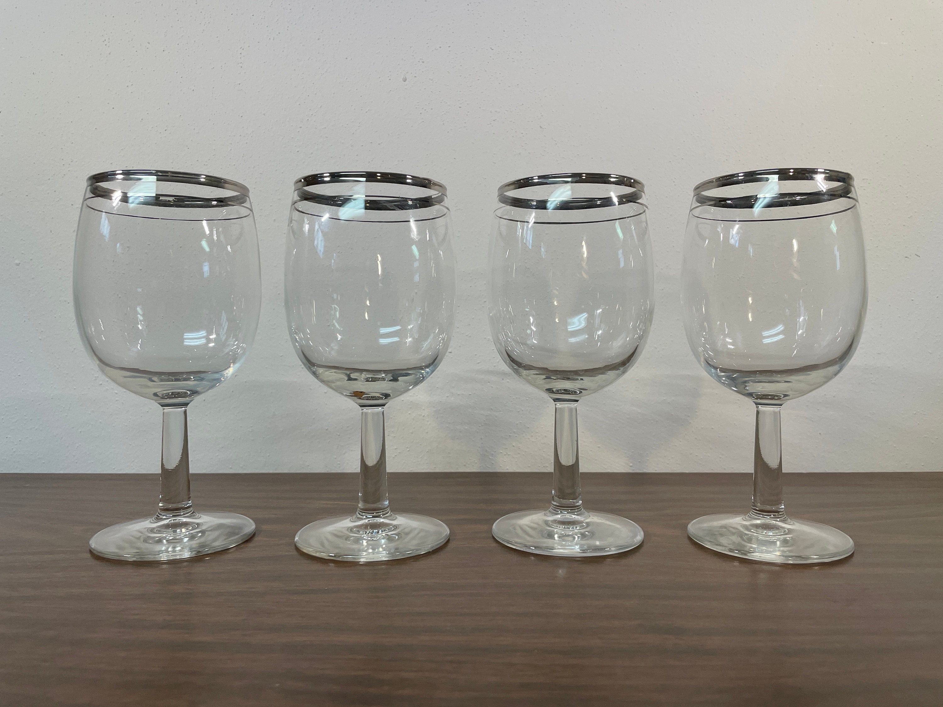 Four Silver Rim & Pinstripe 10 Oz Wine Glasses - Midcentury