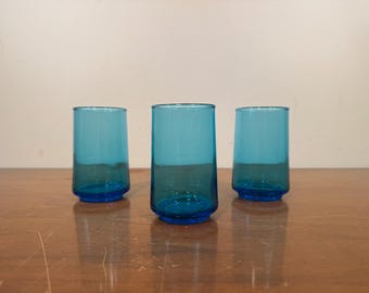 Three Anchor Hocking Finlandia Blue 6 oz Juice Glasses - Retro Midcentury Modern MCM Minimal Simple Tapered Turquoise Glass Cups Set of 3