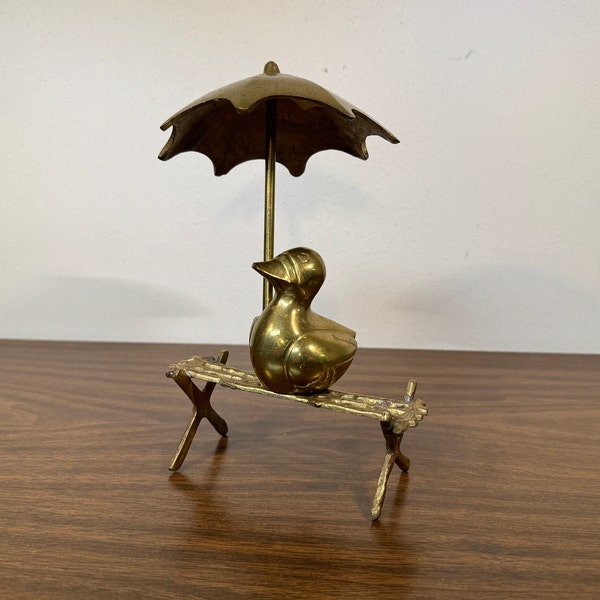 7" Brass Duck Figurine on Bench with Umbrella - Midcentury Gold Metal Animal Bird Ducky Duckling Statuette Figure Kitsch Cute Nursery Decor