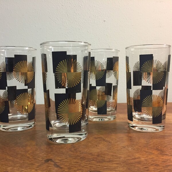 Four Gold Starburst Medallion & Black Block Motif High Ball Glasses /Tumblers