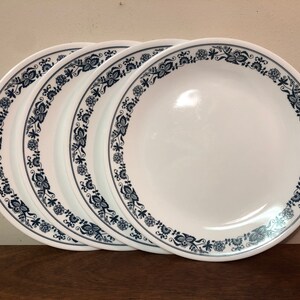 Four+ Corelle Old Town Blue 10" Dinner Plates - Navy Blue Onion Floral Paisley Filigree on White Glass Dishes Set of 4 or Eight 8