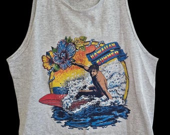 Vintage 80s Stussy Hawaiian Surf Tank Top Shirt Size XL Adult 