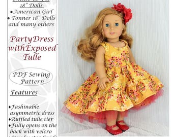 18 inch doll clothes pattern, Party Dress with tulle, for dolls such as American Girl Doll, PDF Sewing Pattern, Doll clothes dress