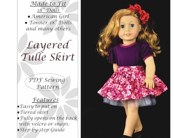 18 inch pop kleding patroon, gelaagde tule rok, past American Girl Doll, PDF naaipatroon, pop kleding rok outfit, instant download
