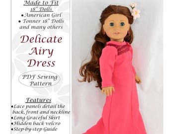 18 inch doll clothes pattern, Delicate Airy Dress for dolls such as American Girl Doll, PDF Sewing Pattern, Doll dress gown sewing pattern