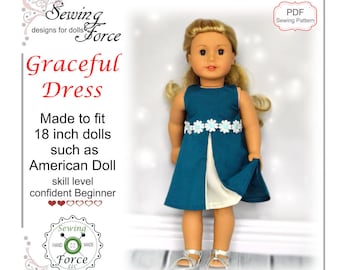 Graceful Dress for dolls such as American Girl Doll, 18 inch doll clothes pattern, PDF Sewing Pattern, Doll Gown clothes PDF sewing pattern