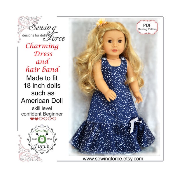 18 inch doll clothes pattern, Charming Dress and hairband for dolls such as American Girl Doll, PDF Sewing Pattern, Doll clothes outfit