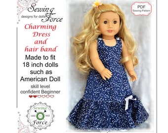18 inch doll clothes pattern, Charming Dress and hairband for dolls such as American Girl Doll, PDF Sewing Pattern, Doll clothes outfit