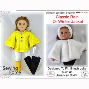 Classic Rain or Winter Jacket PDF sewing pattern for 18 inch Doll like American Girl Doll, fits Pleasant Company pre-Mattel instant download