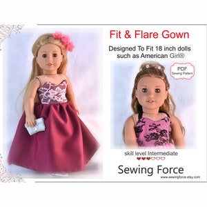 Fit and Flare Gown PDF sewing pattern for 18 inch Doll such as American Girl Doll, Dress, PDF sewing pattern, instant download