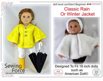 Classic Rain or Winter Jacket PDF sewing pattern for 18 inch Doll like American Girl Doll, fits Pleasant Company pre-Mattel instant download