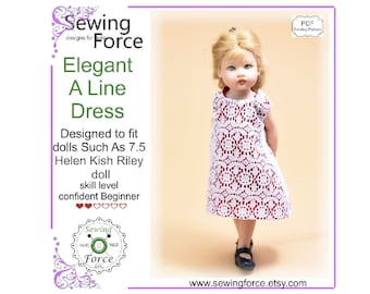Elegantes A Line Dress PDF Schnittmuster für Puppen wie z.B. 7,5 inch 19cm Helen Kish Riley Puppe. - Sofort download - Puppenkleid, Puppenkleider